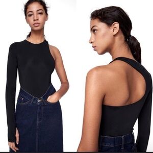 Zara Womens Black Polyester Blend One Sleeve Bodysuit Medium Snap Back Cut Out